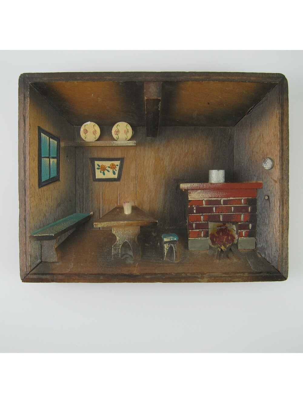 Vintage 3D Wood Carved Shadow Box Diorama Cottage Cabin Table Fireplace Japan